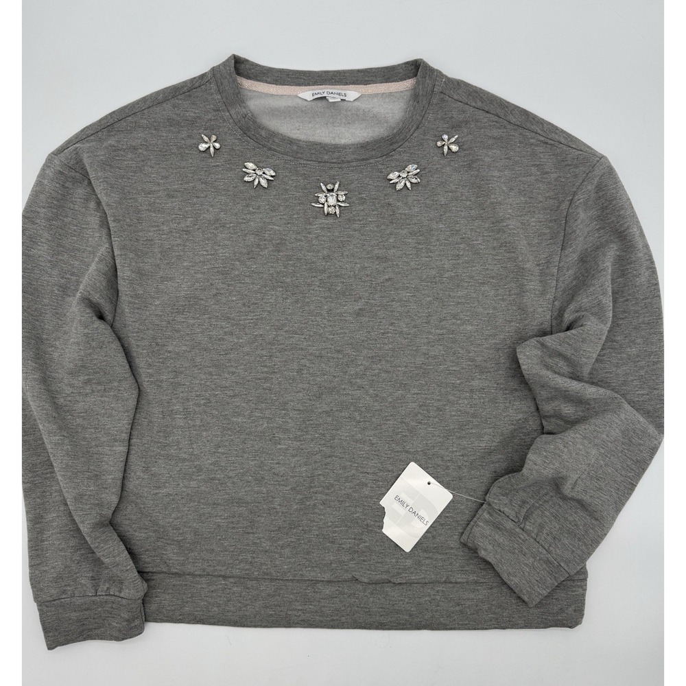 NEW Emily Daniels Rhinestone Accent Gray Crewneck‎ Sweatshirt Women's Sz L NWT